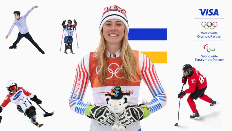 team-visa-small-800x450 Team Visa Winter Olympians next to Visa, Olympics, and Paralympic logos.